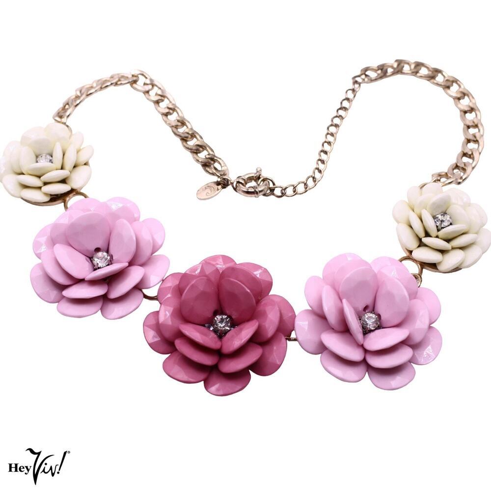 Charming Charlie 3D Pink & Ivory Rose Statement Bib Necklace 21" - Hey Viv